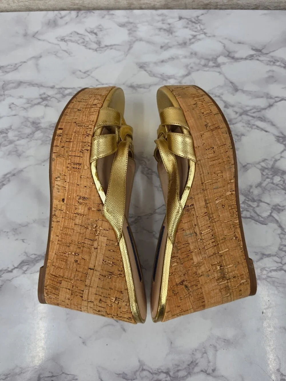 Stuart Weitzman Metallic Gold Leather Straps Cork Wedge Platform Sandals - Picture 10 of 15